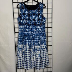 Talbots Fit & Flare Dress Womens 14 Blue Gingham Floral Sleeveless Pleated Skirt